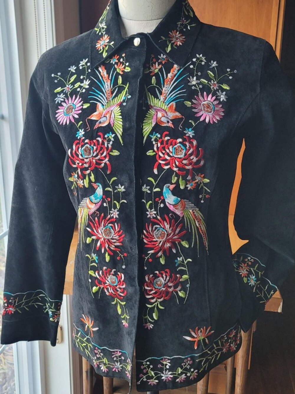 Vintage Black Suede Leather Jacket with Multi Colored Bird and Floral Embroidery